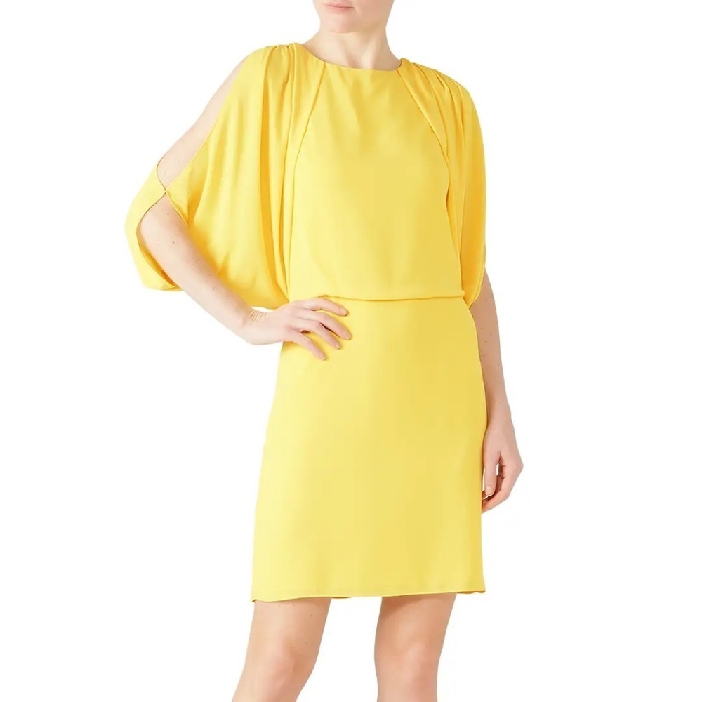 Women’s new Halston Heritage evening collection yellow cape sleeve slit dress